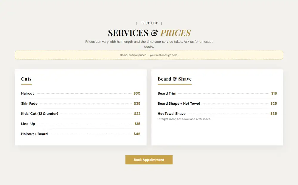 Classic Cuts Barbershop β Price list