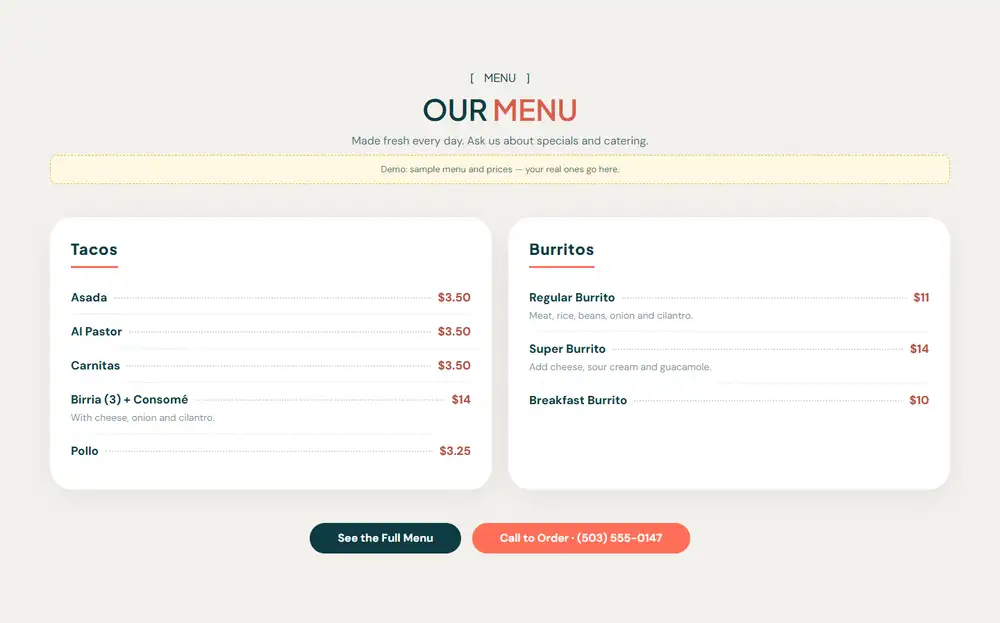 Casa Sol Taqueria — Your menu with prices