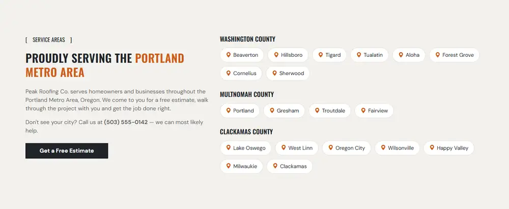 Peak Roofing Co. — The cities you serve
