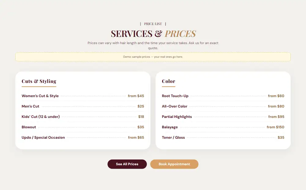 Luxe Hair Studio β Price list